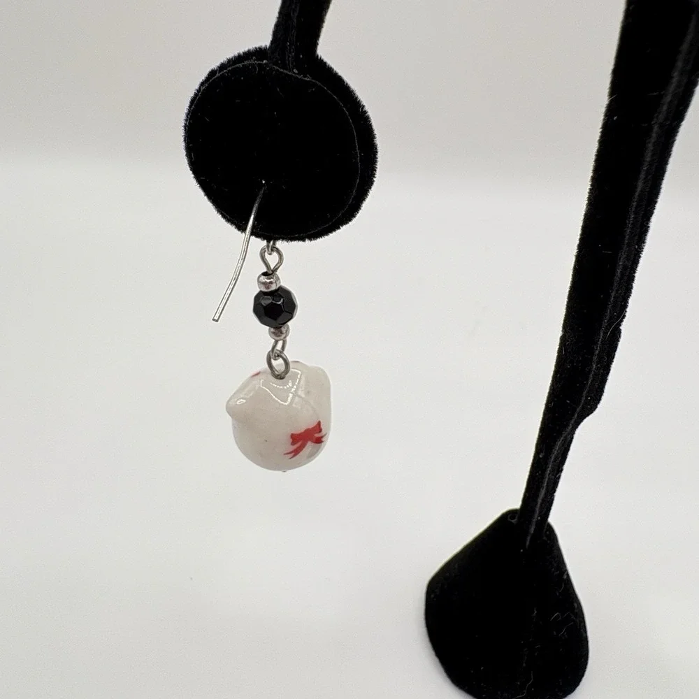 Japanese Maneki Neko Lucky Cat Earrings Ceramic Hand Painted Dangle Jewelry